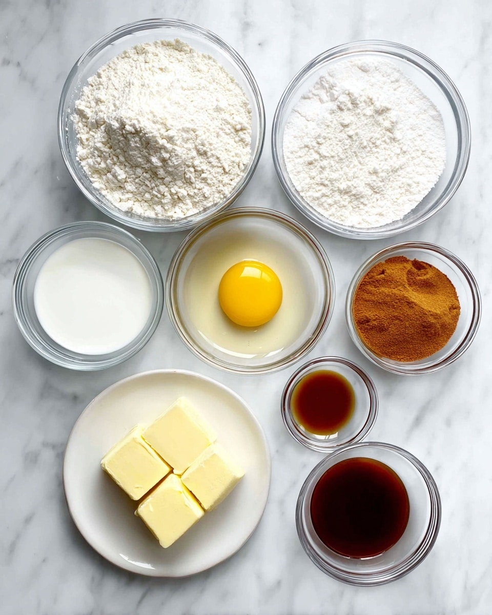 Nine clear glass bowls and one white plate are placed on a white marbled surface. The larger bowls hold white flour with a slightly rough texture, smooth milk, and white sugar with a fine grain. Smaller bowls contain light brown cinnamon powder, white baking soda powder, and golden-yellow dry yeast granules. There is one medium bowl with a clear raw egg showing a bright yellow yolk and translucent white. The white plate holds two solid pale yellow pats of butter with soft edges. Another small bowl contains a dark brown vanilla extract liquid. The bowls and plate are arranged neatly with gaps between them. photo taken with an iphone --ar 4:5 --v 7