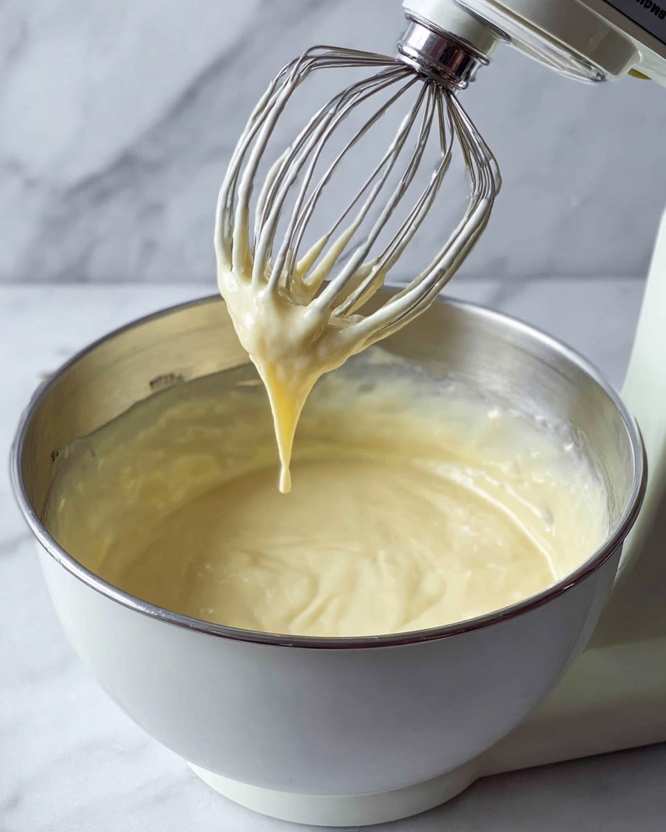 A close-up view of a metal mixing bowl containing a thick, pale yellow batter with a smooth, creamy texture. Above the batter, a metal whisk attachment of a stand mixer is lifted, with some batter dripping from its wires. The bowl is part of a white stand mixer, placed on a white marbled surface with soft gray veining. The background is a matching white marble texture, giving a clean and bright look. photo taken with an iphone --ar 4:5 --v 7