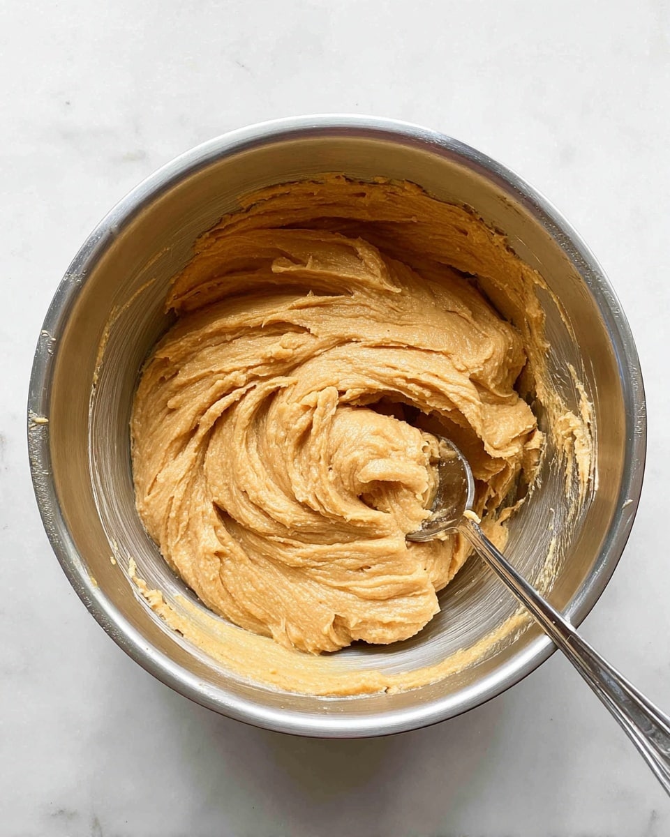 Inside a shiny silver metal bowl sits a thick, creamy dough with a light brown color and smooth texture. The dough is swirled in the middle, showing soft folds and ridges. A silver spoon is placed on the right side inside the bowl, partially covered with the dough. The bowl rests on a white marbled surface, adding a clean and bright background to the image. photo taken with an iphone --ar 4:5 --v 7