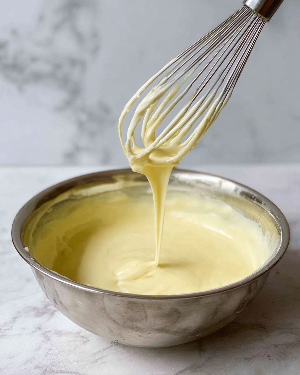 A metal bowl sits on a white marbled surface, filled with a smooth, pale yellow batter or cream. A whisk with a silver handle is held above the bowl, coated in the same creamy mixture that drips softly back into the bowl, showing a thick and slightly stretchy texture. The background is a white marbled wall, adding a clean and bright look to the scene. Photo taken with an iphone --ar 4:5 --v 7