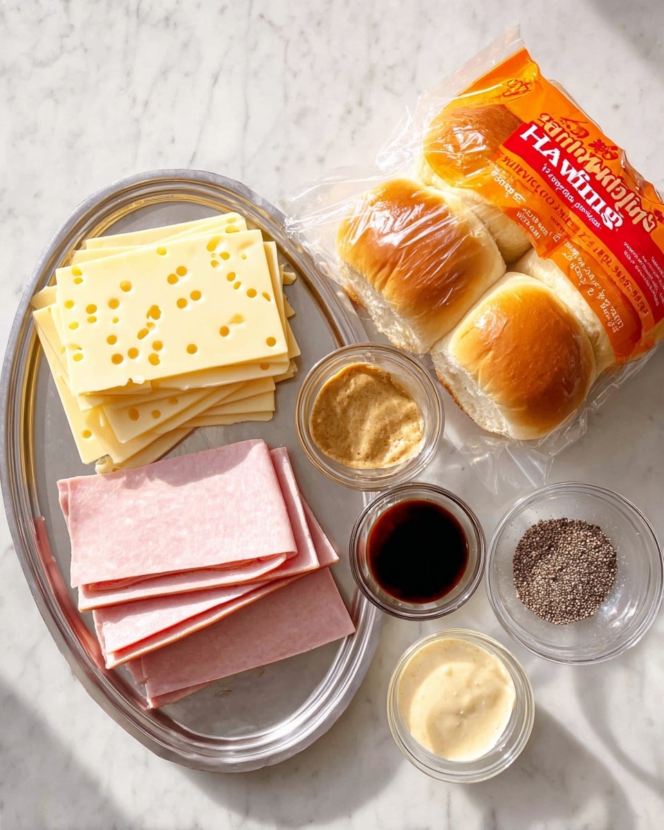 The image shows ingredients for a sandwich on a white marbled surface. On the left, there is a round silver tray holding two stacks: on the left, pale yellow Swiss cheese slices with small holes, and on the right, light pink thin ham slices neatly layered. Above the tray, there are four small clear glass bowls arranged in a row: the first holds a tan mustard, the second contains a light brown powder, the third has a dark brown soy sauce, and the fourth is filled with a creamy light yellow sauce. To the right of these bowls is another small clear bowl with tiny black poppy seeds. On the far right, there is an orange bag filled with soft, golden brown King's Hawaiian sweet rolls, still sealed. The whole scene is well lit with bright, natural light. Photo taken with an iphone --ar 4:5 --v 7