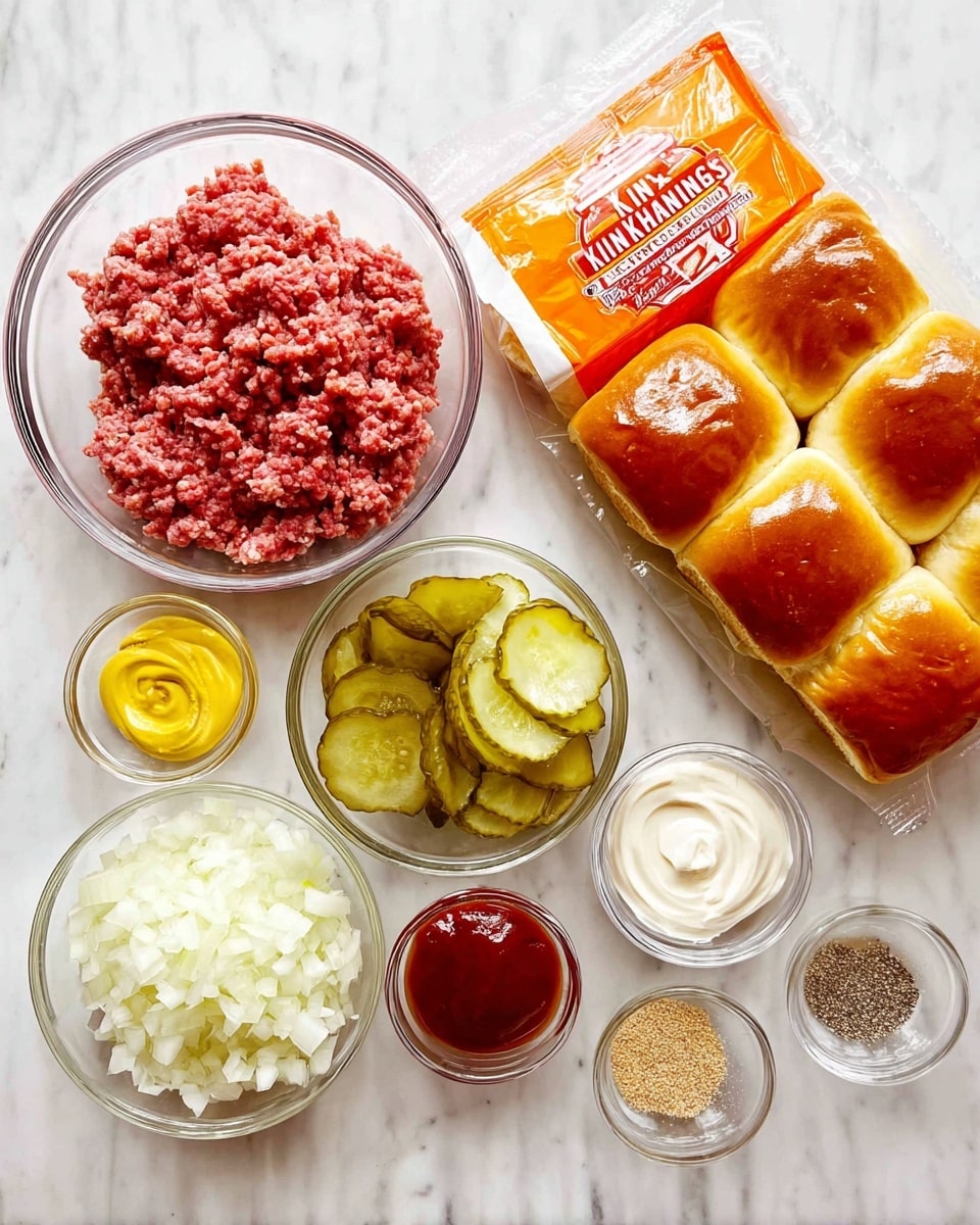 A white marbled surface holds ingredients for a recipe arranged neatly in clear glass bowls; there is a large bowl of raw ground beef with a coarse texture, a smaller bowl filled with thin light green pickle slices layered inside each other, and a medium bowl of finely chopped white onions with a soft texture. Around them are smaller bowls containing mustard with a smooth yellow appearance, dark brown ketchup, white mayonnaise with a creamy texture, and individual bowls with coarse light brown seasoning, black pepper, and white salt. On the right side is a package of twelve golden brown King's Hawaiian sweet rolls in clear plastic and bright orange packaging. The scene is bright and well-lit, showing clear details. photo taken with an iphone --ar 4:5 --v 7