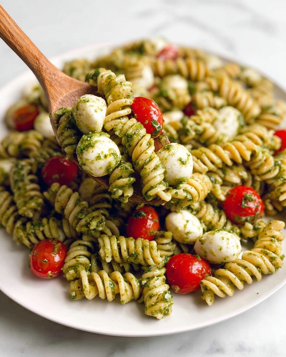 A metal mixing bowl on a white marbled surface holds a pasta salad made with spiraled rotini pasta coated with green pesto sauce. Scattered throughout the pasta are small red and orange cherry tomato halves, and white round mozzarella balls. A silver spoon rests on the side inside the bowl, partially submerged in the pasta. The inside of the bowl’s walls is smeared with some pesto sauce. Photo taken with an iphone --ar 4:5 --v 7