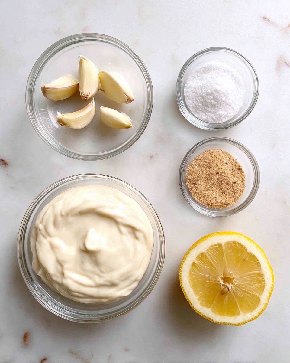 The image shows six ingredients on a white marbled surface arranged neatly. In the bottom left, there is a clear glass bowl filled with a thick, creamy white sauce. Above it, there are three peeled garlic cloves placed side by side, their light brown skin still partially attached. To the right of the garlic, there is a small clear glass bowl containing coarse white salt. Below that, another small clear bowl holds tan-colored garlic powder. Next to it on the right, another small clear bowl contains ground black pepper. On the far right, there is a yellow half lemon with visible juicy segments and a fresh rind. The arrangement is clean and simple, showing all ingredients clearly in natural light, photo taken with an iphone --ar 4:5 --v 7