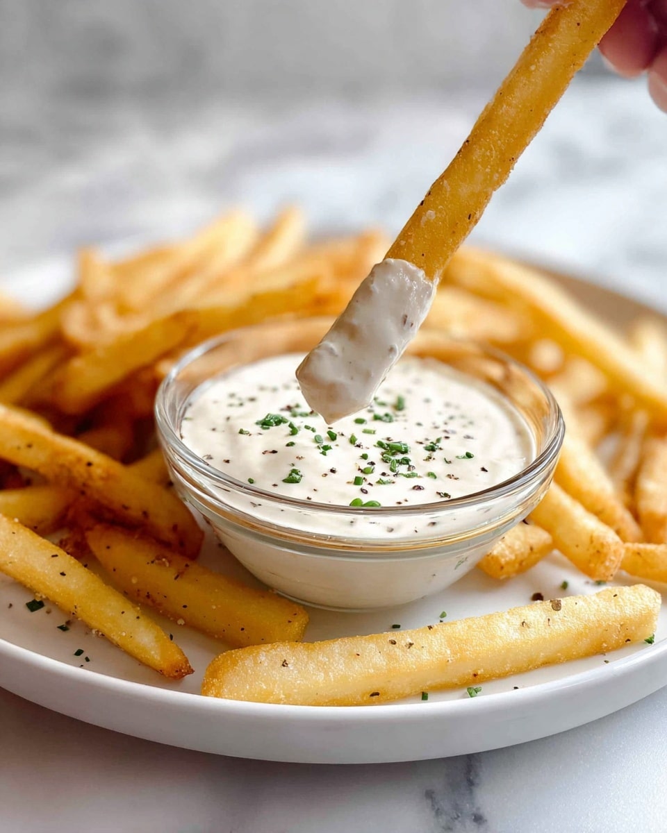 A golden-brown French fry is being dipped into a small clear glass bowl filled with creamy white sauce sprinkled with small green herb pieces and black pepper bits. The bowl sits on a white plate surrounded by more crispy fries, all placed on a white marbled surface. The close-up shot shows sauce clinging to the fry’s tip, highlighting its smooth texture. The top part of a woman's hand holding the fry is visible at the edge of the frame. photo taken with an iphone --ar 4:5 --v 7