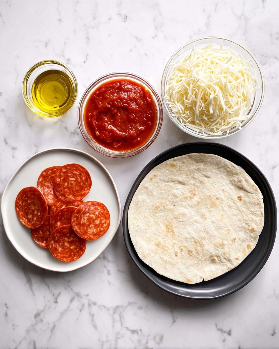 The image shows the ingredients for a simple pizza on a white marbled surface. On the right side, there is a round, flat tortilla placed on a black plate. To the left of the tortilla, there are four small bowls arranged: at the top left is a small glass bowl with golden olive oil, below it is a white plate with several round, reddish slices of pepperoni arranged in a slight stack, to the right of the pepperoni is a small glass bowl filled with shredded white mozzarella cheese, and above the cheese is a glass bowl with red tomato sauce that has a smooth, thick texture. The scene is clean and organized, with a bright natural light. Photo taken with an iphone --ar 4:5 --v 7