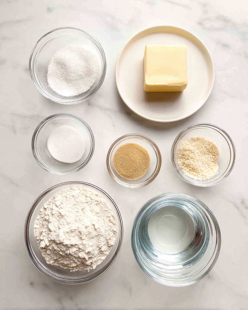 The image shows seven clear glass bowls and one white plate arranged neatly on a white marbled surface. The largest glass bowl at the bottom left is filled with white flour. Above it to the left, a small glass bowl contains coarse white salt. At the top center is a white plate with a thick square block of pale yellow butter. To the right of the butter, two small glass bowls contain a light brown powder and beige yeast granules side by side. Below these, a small glass bowl holds granulated white sugar. At the bottom right is a larger glass bowl filled with clear water. The overall arrangement is clean and organized. Photo taken with an iphone --ar 4:5 --v 7