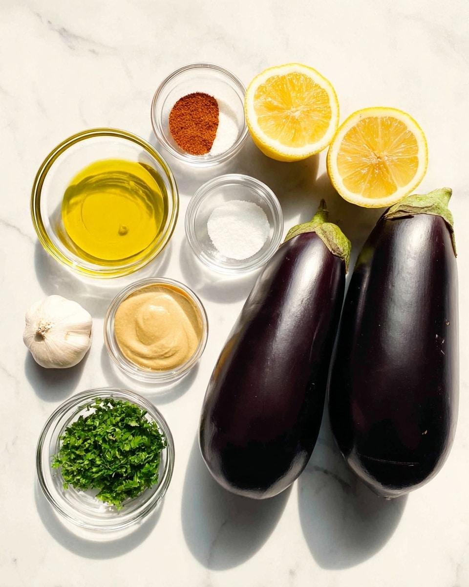 The image shows two large, dark purple eggplants with smooth shiny skin placed side by side on the right side of a white marbled surface. On the left, there are small clear glass bowls arranged neatly: one bowl with bright yellow olive oil, one with smooth light beige tahini sauce, one with coarse white salt, one with chopped fresh green parsley, one with two peeled garlic cloves, and one with ground red spice. Above these bowls, there are two bright yellow lemon halves placed cut side up. The light is bright and natural, highlighting the textures and colors clearly. photo taken with an iphone --ar 4:5 --v 7