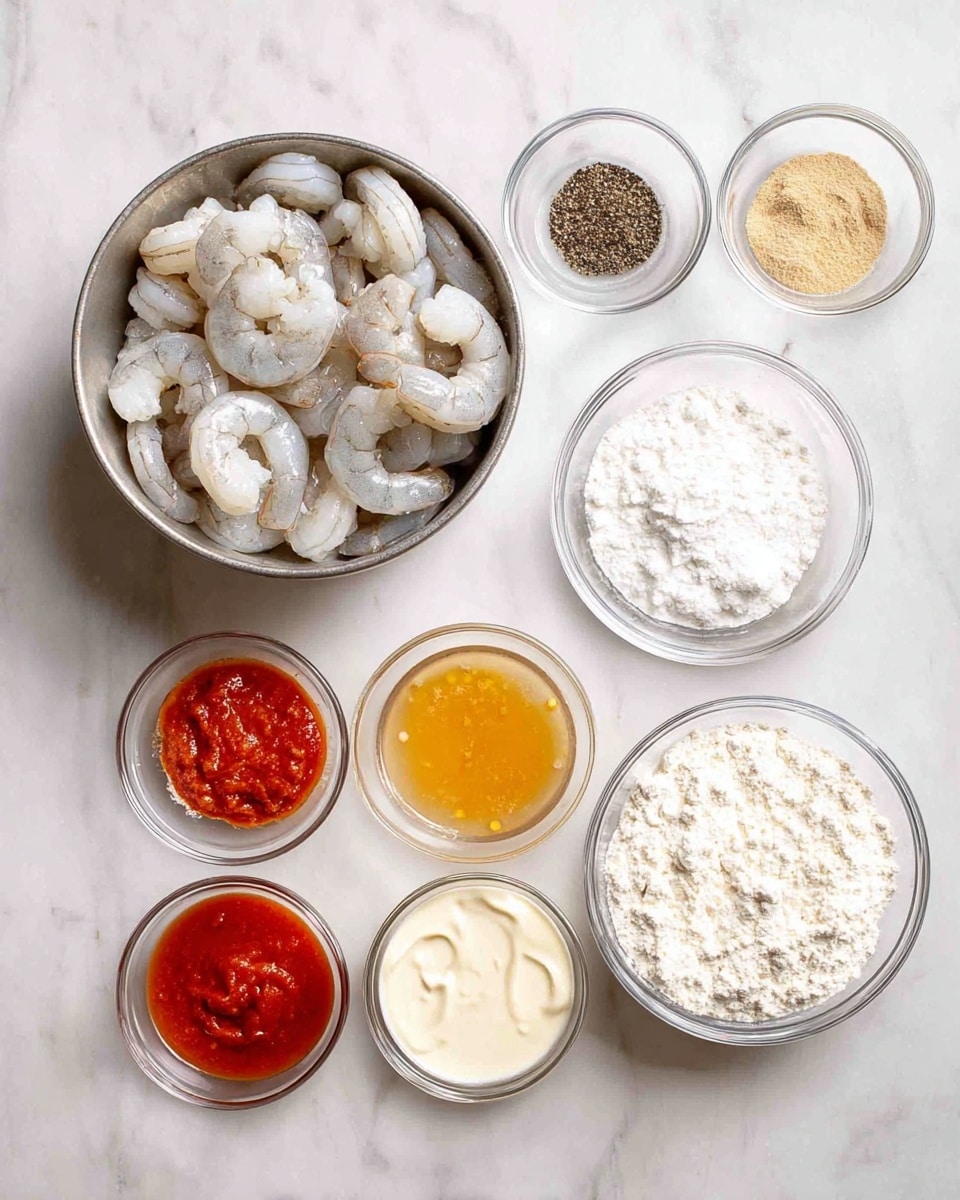 The image shows several clear glass bowls and one steel bowl arranged on a white marbled surface, each containing different ingredients. The steel bowl on the left is full of peeled shrimp with a light grey and white color. To the right and above the shrimp, there are smaller glass bowls containing black pepper, two light tan powders of different shades, bright red sauce, and a golden-orange sauce. On the right side, two larger glass bowls hold a thick white liquid and white flour. In the middle bottom, a smaller glass bowl contains a creamy off-white mixture. The whole setup looks clean and organized, ready for cooking. Photo taken with an iphone --ar 4:5 --v 7
