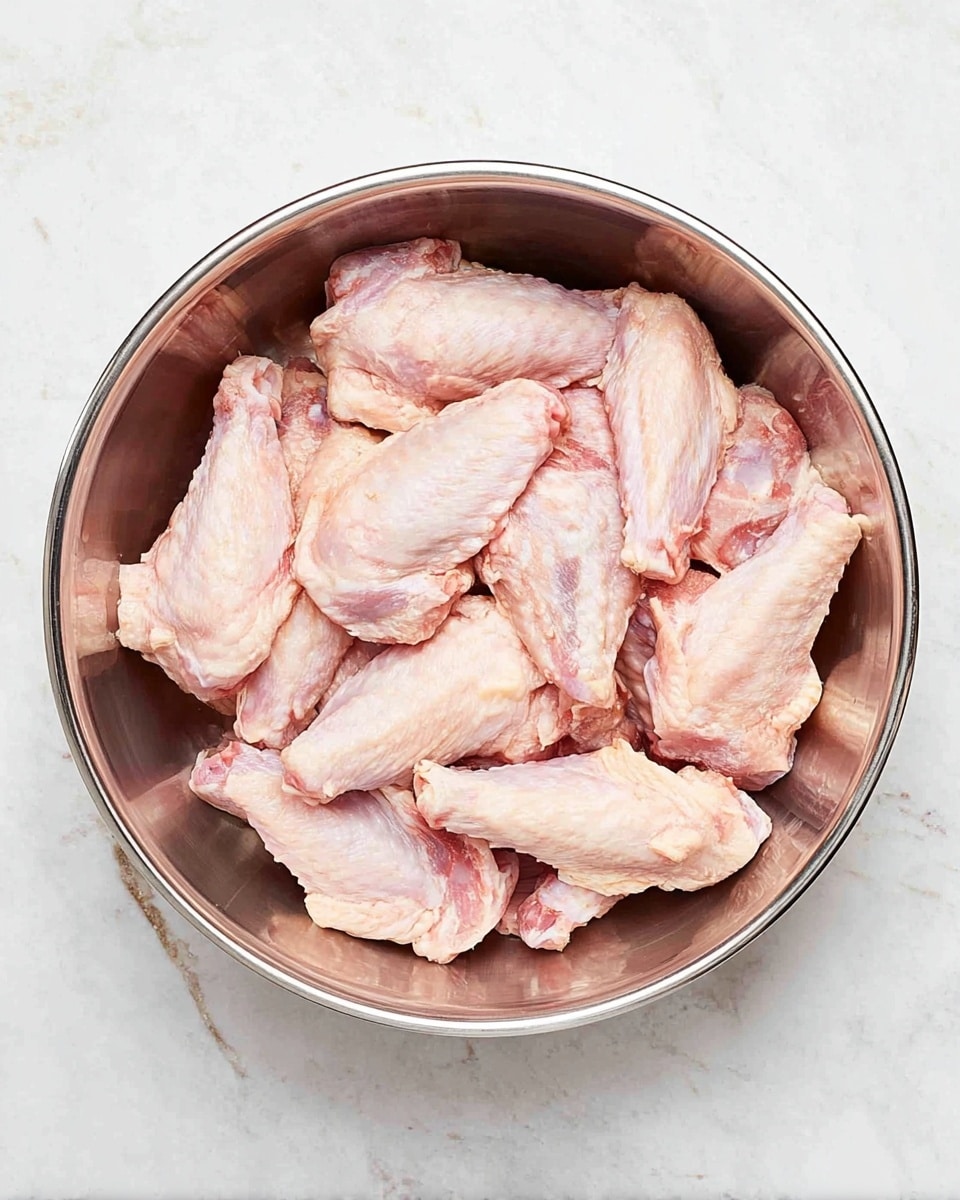 A large round silver metal bowl filled with many pieces of raw chicken wings, light pink in color with smooth, slightly shiny skin showing details of the meat and small bones. The bowl sits on a white marbled textured surface, and the image is taken from above to show the full contents clearly, with soft natural light highlighting the parts of the chicken wings photo taken with an iphone --ar 4:5 --v 7