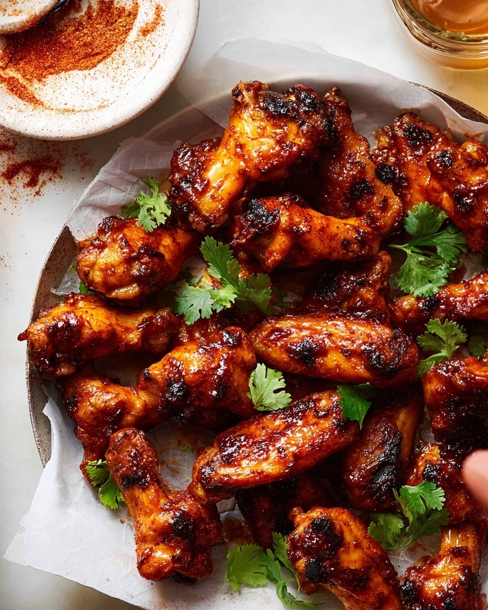 A close-up of a white bowl filled with many pieces of glazed cooked wings that have a rich reddish-brown color and a shiny texture. A spoon above the wings is pouring a thick golden-brown sauce onto them. There are small green herb leaves, likely cilantro, scattered on top of the wings as garnish. The white bowl sits on a white marbled surface, creating a clean and bright background. Photo taken with an iphone --ar 4:5 --v 7