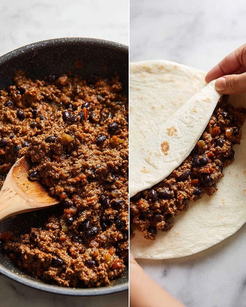 The image shows two parts: on the left side, thick cooked ground meat mixed with black beans and small bits of vegetables is being stirred with a wooden spoon in a dark pan; the meat mixture looks moist and crumbly with a rich brown color. On the right side, a woman's hand is folding a white soft tortilla on a white marbled surface, with a line of the meat and bean mix spread across the lower third of the tortilla, ready to be wrapped. Photo taken with an iphone --ar 4:5 --v 7