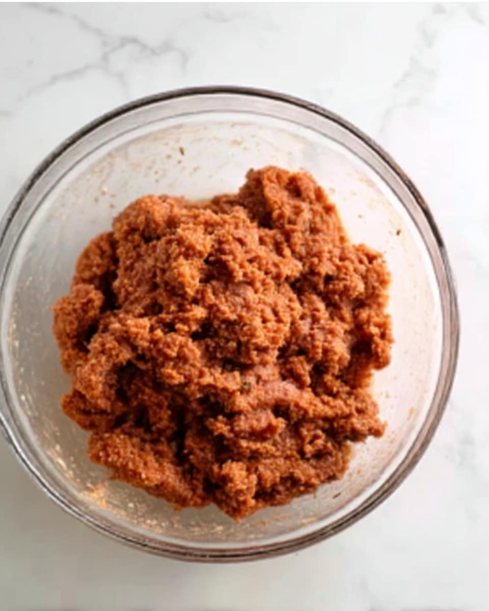 A clear glass bowl filled with a chunky, reddish-brown mixture that looks like raw ground meat with small bits of seasoning visible throughout. The bowl sits on a white marbled surface with no additional items around. The texture of the mixture is uneven with some parts smoother and others more crumbly. Photo taken with an iphone --ar 4:5 --v 7