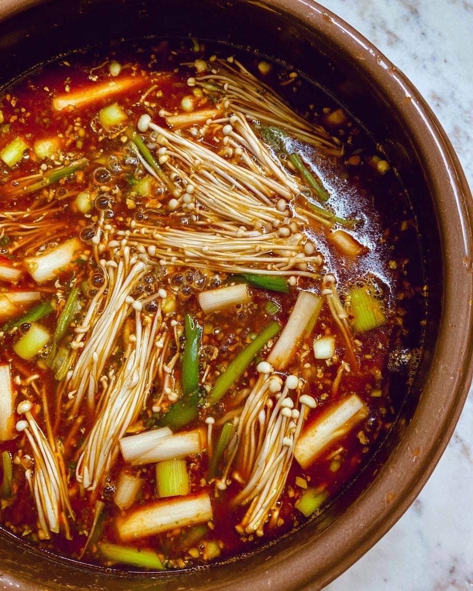 The image shows a pot filled with a rich reddish-brown broth, bubbling lightly. Inside, there are several clusters of thin, pale beige enoki mushrooms spread throughout, with their delicate stems creating a fine texture on the surface. Scattered among the mushrooms are pieces of green-yellow spring onions, placed unevenly around the pot. The liquid has a slightly oily sheen, adding a glossy effect to the broth. The pot itself is brown, with a clear view of the ingredients inside. The background features a white marbled texture. photo taken with an iphone --ar 4:5 --v 7