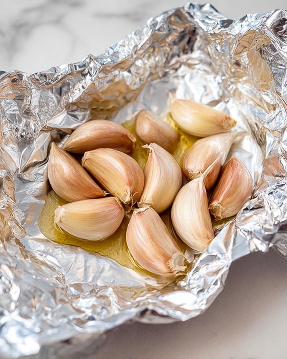The image shows a close-up of shiny aluminum foil laid flat, with about ten peeled garlic cloves placed in the center. The garlic cloves are light brown to creamy white, with smooth, slightly glossy surfaces due to an oily coating. The foil is crinkled around the edges, reflecting light and creating shiny silver highlights. The background is a white marbled texture. photo taken with an iphone --ar 4:5 --v 7