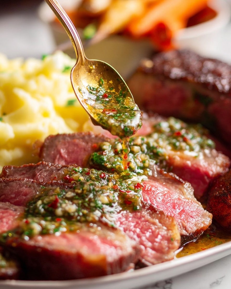 The image shows several slices of cooked steak with a pink center and a slightly browned crust, laid flat on a white plate on a white marbled surface. On top of the steak, a golden spoon is pouring a green herb sauce with a slightly oily texture and small red pepper flakes visible. Behind the steak, there is a dark brown piece of steak and some orange carrot sticks. In the foreground, out of focus, there is a portion of mashed potatoes, creamy and light yellow in color, also in a white bowl. photo taken with an iphone --ar 4:5 --v 7