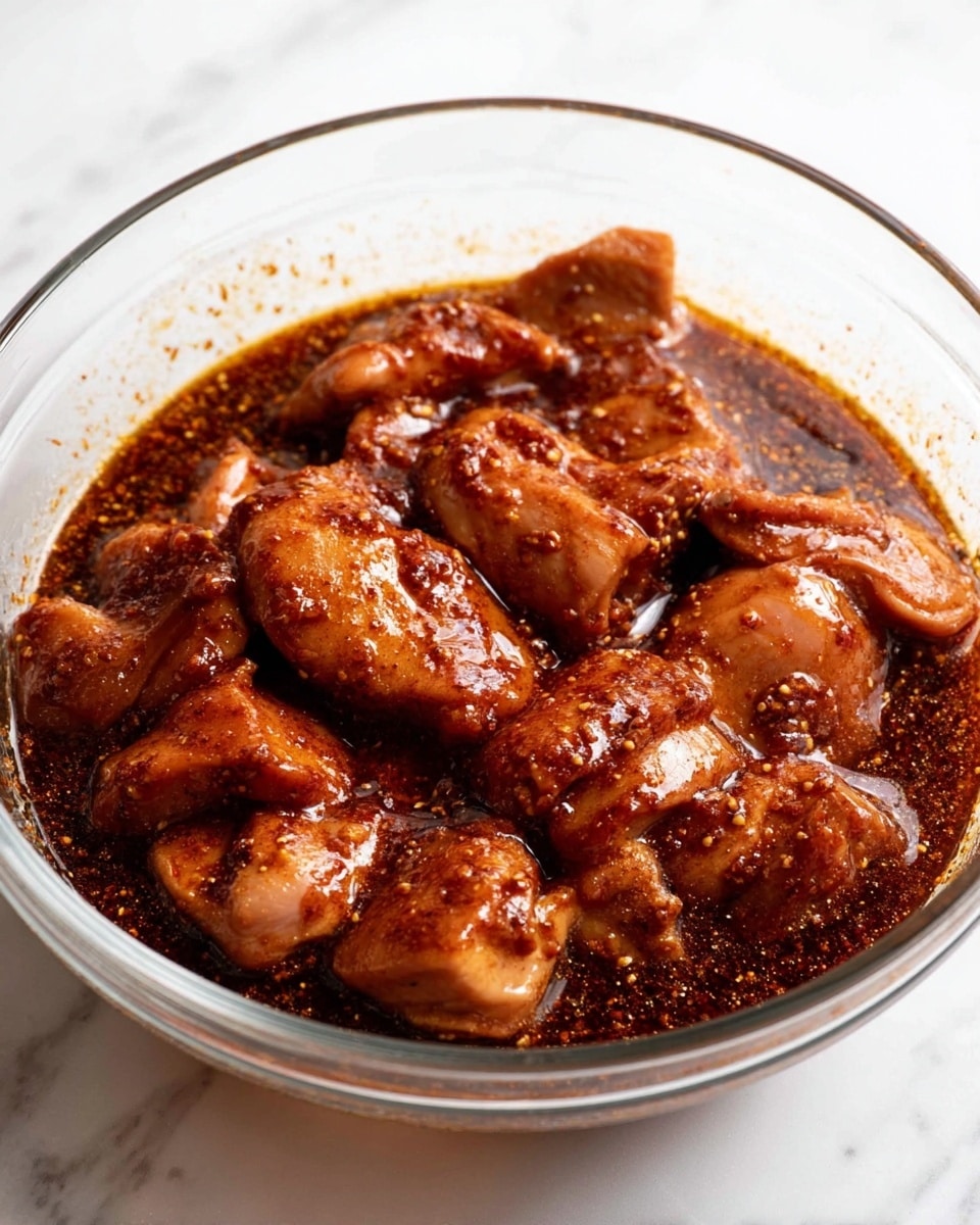 A clear glass bowl on a white marbled surface holds several pieces of raw chicken marinated in a thick, dark reddish-brown sauce that coats each piece fully. The chicken pieces vary in size and shape, with a glossy texture from the marinade. The liquid sauce pools around the chicken, showing a slightly grainy texture. The bowl is filled to about three-quarters with the chicken and sauce mixture. photo taken with an iphone --ar 4:5 --v 7