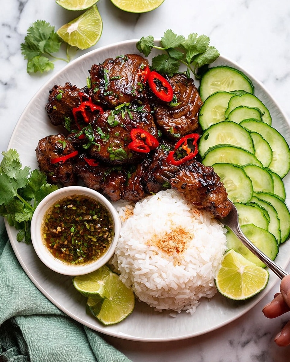 A white plate holds three main layers: at the bottom, a mound of fluffy white rice topped with a light sprinkling of brownish seasoning; on the right side above the rice, a neat row of thin, bright green cucumber slices with visible seeds; covering much of the plate's front and left side are dark brown grilled meat pieces with a shiny glaze, garnished with small red chili slices and fresh green cilantro leaves; scattered around the plate are quartered lime wedges adding bright green contrast; on the left side of the plate, a small white bowl filled with a greenish-brown dipping sauce with bits of herbs, partially eaten by a fork with a piece of meat on it, held by a woman's hand; the plate is placed on a white marbled surface with a pale green cloth casually draped nearby photo taken with an iphone --ar 4:5 --v 7