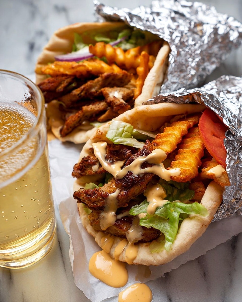 Two flat white pita breads are folded and wrapped partially in crinkled silver foil. Inside each pita, from bottom to top, there is a layer of grilled, golden-brown meat pieces with a crispy texture, followed by wavy golden waffle fries. Light orange creamy sauce is drizzled over the fries and meat, dripping slightly onto the white paper underneath. Bright green shredded lettuce and a slice of red tomato sit above the fries. Pieces of grilled meat and sauce drops are scattered on the white paper next to the pitas. In the lower part of the image, there is a transparent glass mug filled with a bubbly light golden drink. The background surface is white with a marble texture photo taken with an iphone --ar 4:5 --v 7