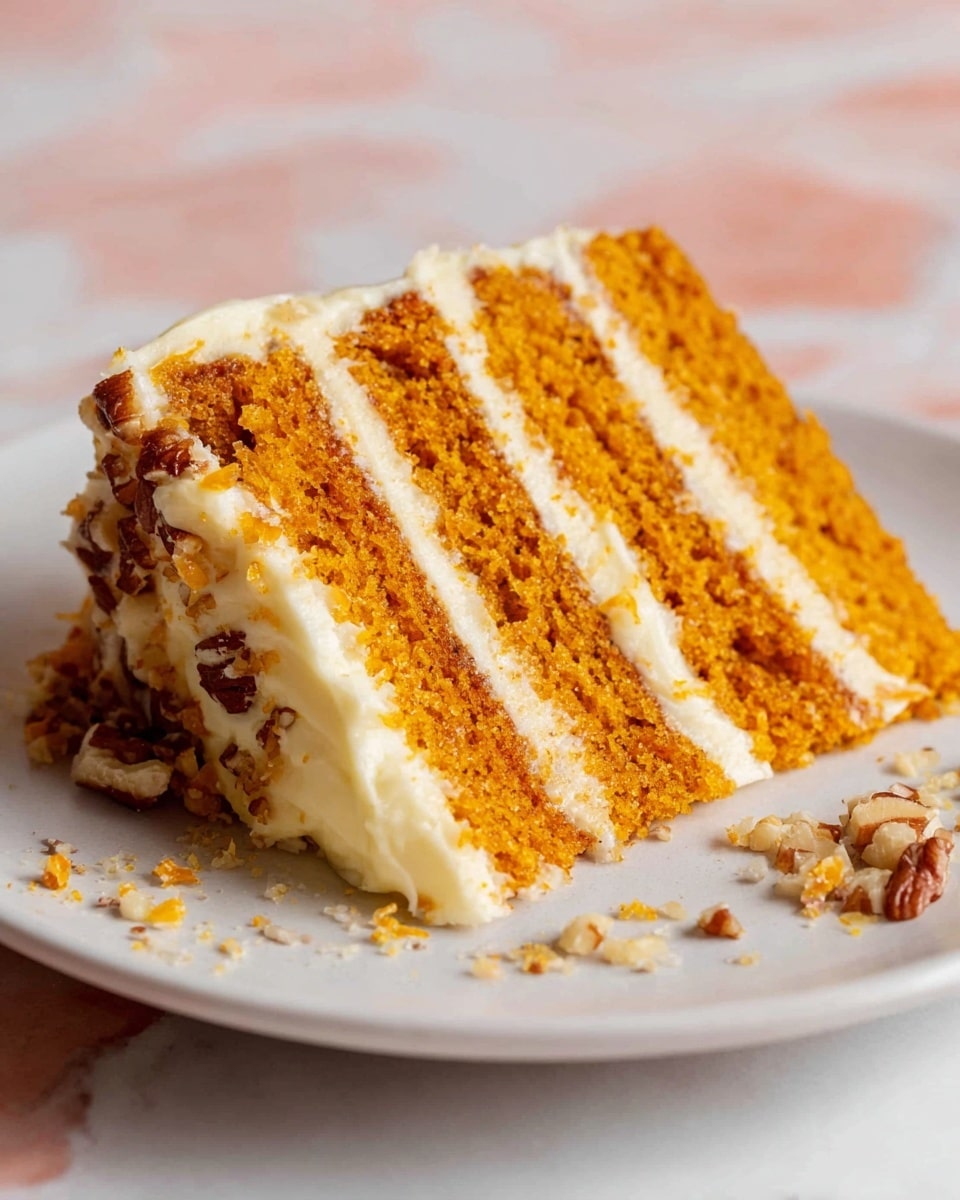 A slice of layered orange cake with four layers of moist cake separated by creamy white frosting is placed on a white plate. The creamy frosting fully covers the sides of the cake slice, and small bits of chopped nuts are scattered on the plate near the cake. The background shows a soft white marbled texture and a hint of pinkish hues. The cake looks soft and rich, with the frosting smooth and thick between each cake layer. photo taken with an iphone --ar 4:5 --v 7