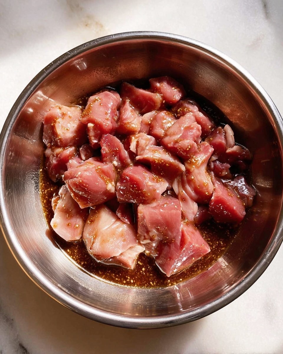 A silver bowl filled with small pieces of raw pink meat covered lightly with a shiny brown sauce. The meat looks soft and slightly wet, with some texture visible from the sauce coating it. The bowl sits on a white marbled surface. photo taken with an iphone --ar 4:5 --v 7