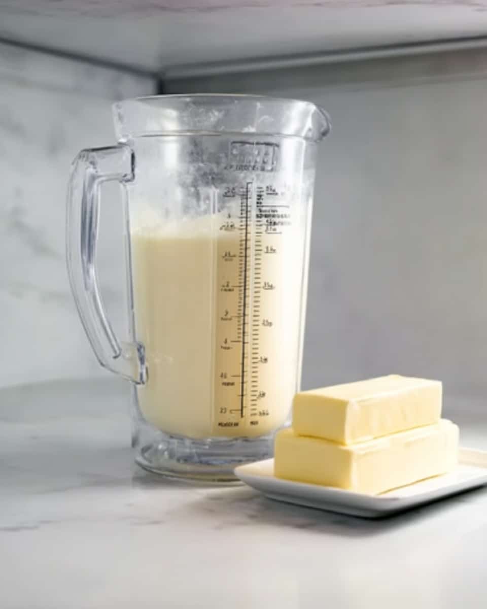 The image shows a transparent blender container filled with a creamy white liquid, marked with measurement lines in black. The blender container is placed on a white marbled surface inside a refrigerator. To the right of the blender, there is a white plate holding two pale yellow blocks of butter. The background is a white marbled texture. Photo taken with an iphone --ar 4:5 --v 7