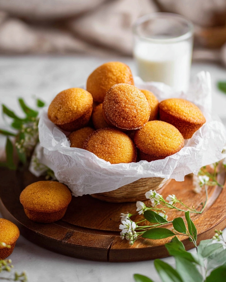 A white basket lined with crumpled white paper holds a pile of small, round, golden-brown muffins with a soft, slightly grainy texture on their surface. The basket sits on a round wooden board placed on a white marbled surface. Around the basket, a few muffins rest directly on the wooden board. In the background, there is a tall glass of milk, slightly out of focus, adding a cozy atmosphere to the scene. Some green leaves and white flowers lie in the foreground on the marbled surface, adding a fresh touch. Photo taken with an iphone --ar 4:5 --v 7