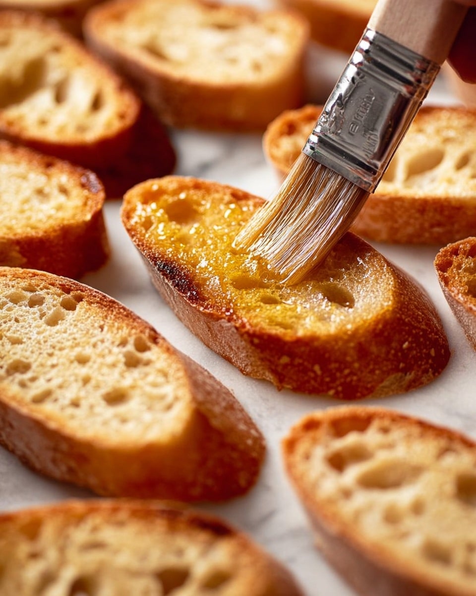 Several golden brown toasted baguette slices arranged closely on a white marbled surface, each piece showing a crisp texture with small air pockets. A woman's hand is using a brush to apply a shiny layer of oil or butter on one of the baguette slices, highlighting the smooth and glossy coating. The edges of the bread are slightly darker and crunchy looking, while the inside looks soft and porous. In the background, more slices are visible, all uniformly toasted and slightly overlapping. Photo taken with an iphone --ar 4:5 --v 7