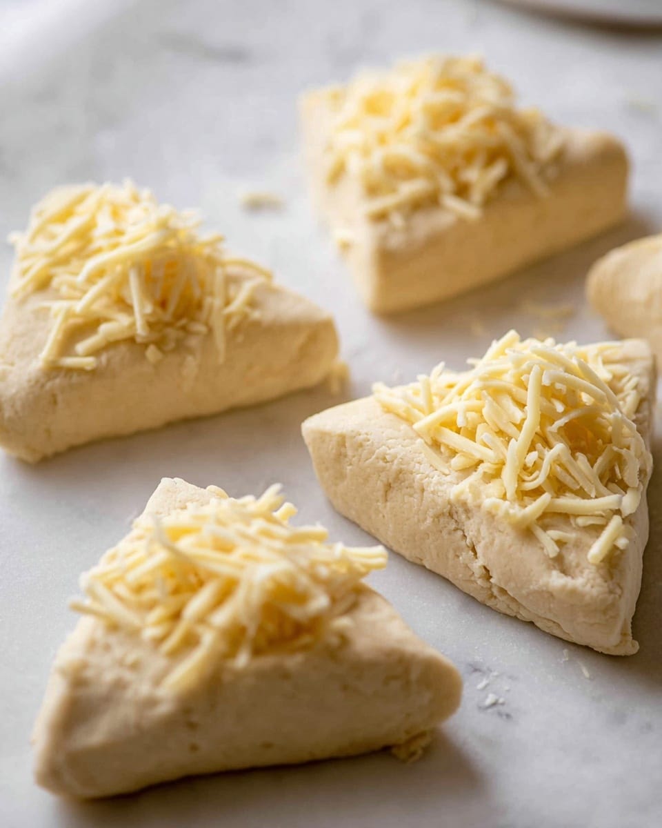 The image shows four triangular dough pieces arranged on a white marbled surface. Each dough piece is pale beige and has a soft texture with tiny cracks visible on the sides. On top of each triangle, there is a layer of shredded pale yellow cheese, loosely spread, with some cheese strands extending slightly beyond the edges. The background is blurred but continues the white marbled texture. Photo taken with an iphone --ar 4:5 --v 7