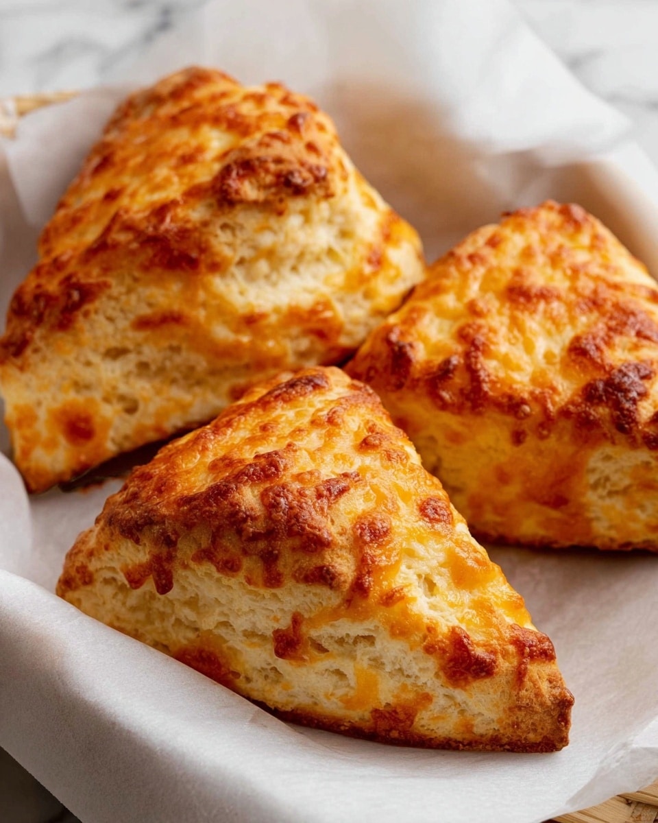The image shows six golden brown scones arranged in a rough circle on white parchment paper. Each scone is triangular in shape with a slightly rough, textured surface from baked cheese or crust, showing a mix of light golden yellow and deeper brown spots from baking. The scones appear thick and fluffy with a crisp, slightly crunchy outside layer. The background is a white marbled texture. photo taken with an iphone --ar 4:5 --v 7