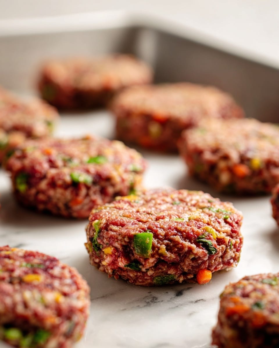 The image shows multiple round, raw patties placed on a metal tray with a white marbled background. Each patty has a rough texture with visible bits of green and orange vegetables mixed into the reddish meat. The patties are evenly spaced and have slightly indented centers. The focus is on the patties in the middle, giving a soft blur to those farther away. photo taken with an iphone --ar 4:5 --v 7