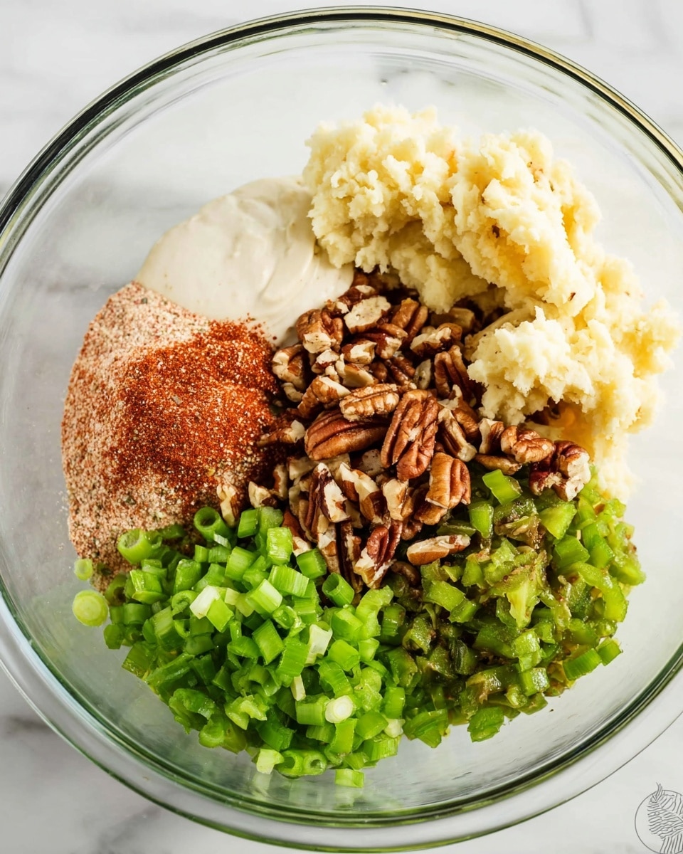 A clear glass bowl contains six separate layers of ingredients arranged in a circle over a white marbled surface. Starting from the top right, there is a large pile of finely chopped pecans in dark brown and cream colors. To the right, a fluffy, pale yellow mashed mixture sits in a soft mound. At the bottom right, a heap of small, thick green pepper pieces with smooth skin is placed next to bright green chopped scallions made into small rings on the bottom left. Above the scallions, a heap of light pinkish-red seasoning powder sits next to a smooth, thick white layer of mayo on the top left side. The ingredients have different textures, such as crunchy nuts, soft mash, and fresh chopped vegetables. Photo taken with an iphone --ar 4:5 --v 7