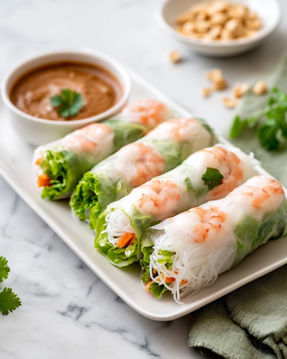 Three fresh spring rolls are neatly placed side by side on a white rectangular plate, each roll wrapped in translucent rice paper showing three pieces of pink-orange shrimp on top. Inside the rolls, light green lettuce and thin white noodles are visible beneath the shrimp layer, giving a mix of soft and crisp texture. To the right of the rolls, a small white bowl holds a thick, light brown peanut dipping sauce topped with a small green cilantro leaf. The plate sits on a white marbled surface with some scattered peanuts and a green cloth partially visible at the bottom. photo taken with an iphone --ar 4:5 --v 7
