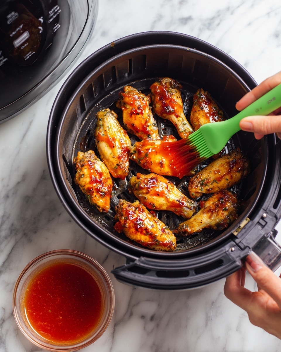 Inside a black air fryer basket, seven chicken wings are arranged in a circle, some with a golden brown cooked look and others being brushed with a glossy red-orange sauce by a woman's hand holding a green silicone brush. In the foreground, a clear glass bowl filled with the same sauce is visible. The scene is set on a white marbled surface with part of the air fryer machine visible on the left side. photo taken with an iphone --ar 4:5 --v 7