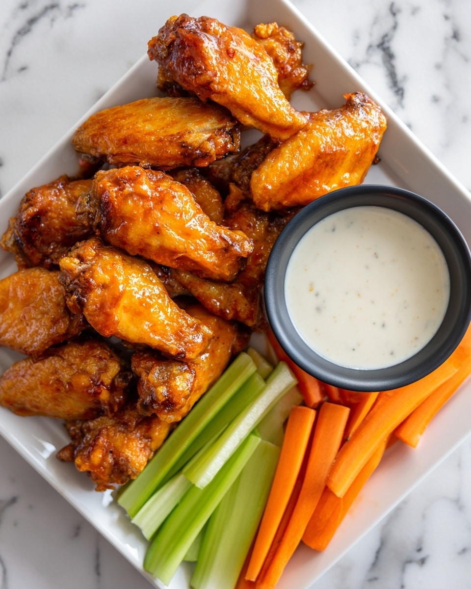 The image shows a white plate with three main parts arranged side by side: on the left, there are several golden-brown chicken wings covered in a shiny orange sauce stacked in two layers; in the middle, there is a small black round bowl filled with white creamy dip with specks of herbs; on the right, two groups of fresh sticks in neat rows, bright orange carrot sticks at the top and bright green celery sticks below, placed on a white marbled surface. photo taken with an iphone --ar 4:5 --v 7