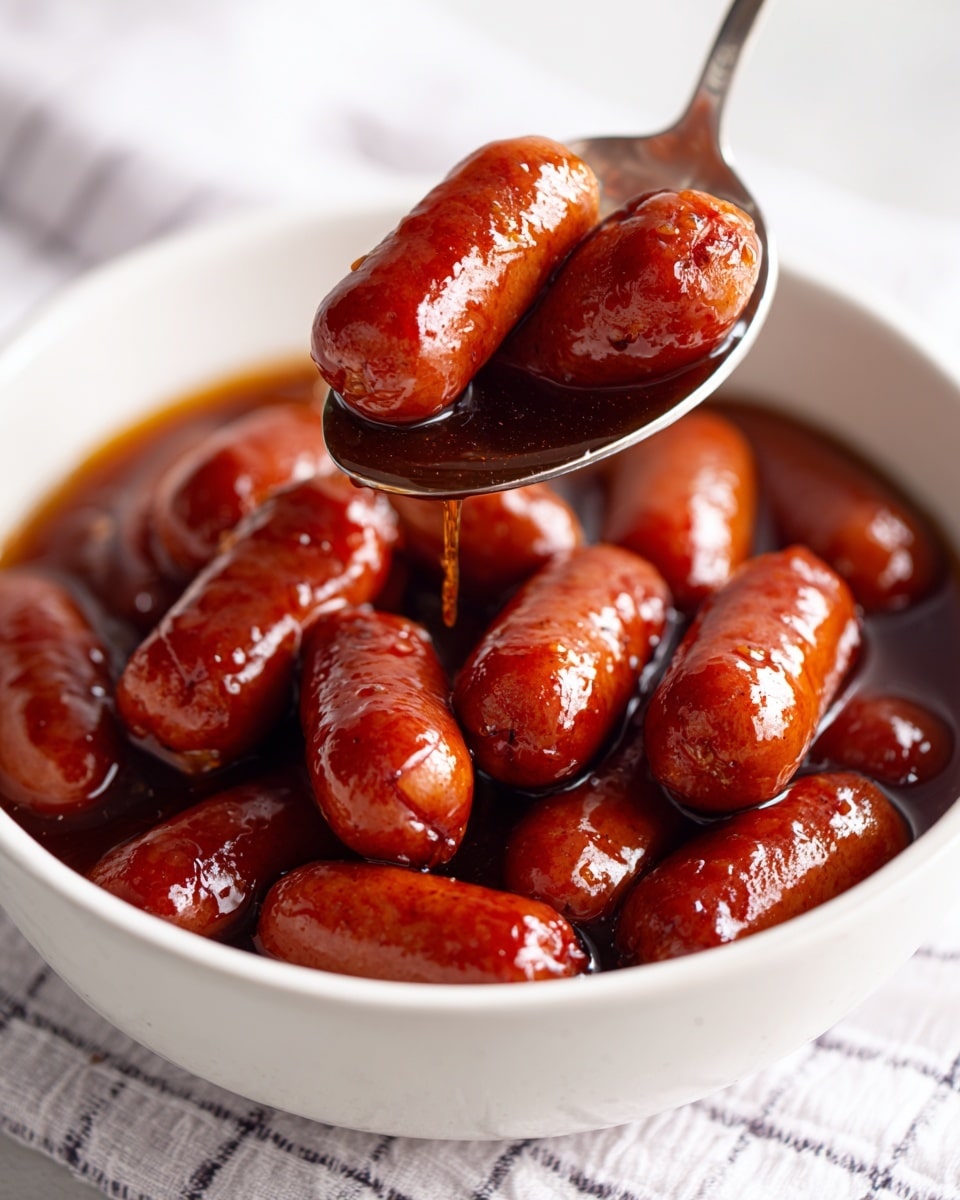 The image shows a white square bowl filled with small shiny brown sausages, piled up densely, each sausage smooth and glossy with a rich brown sauce coating. The bowl is placed on a white marbled surface draped with a black and white checkered cloth that folds gently around the bowl, adding texture to the scene. The lighting highlights the sausages' shiny surface, making them look juicy and cooked perfectly photo taken with an iphone --ar 4:5 --v 7