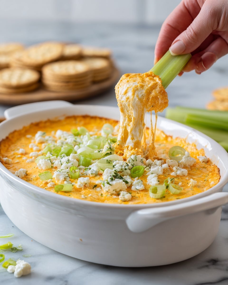 A white oval baking dish filled with a creamy orange cheese dip, topped with small white cheese crumbles and green spring onion slices scattered on top. Two green celery sticks are dipped into the cheese dip, one held by a woman's hand lifting it up, showing melted cheese stretching between the dip and the celery. The baking dish is placed on a white marbled surface with a blurry background that includes some crackers. Photo taken with an iphone --ar 4:5 --v 7