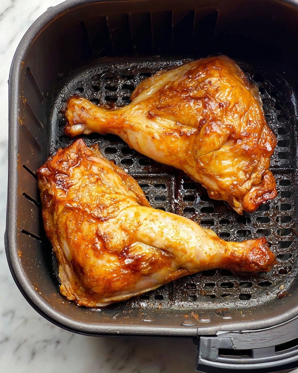 Two large chicken leg quarters with skin on are placed inside a dark air fryer basket. The chicken pieces are coated in a shiny, brown marinade or sauce that makes the skin look moist and sticky. The texture of the skin is slightly wrinkled with some smooth areas where the sauce pools. The air fryer basket has a grid pattern that shows through under the chicken, and the whole setup is on a white marbled surface. photo taken with an iphone --ar 4:5 --v 7