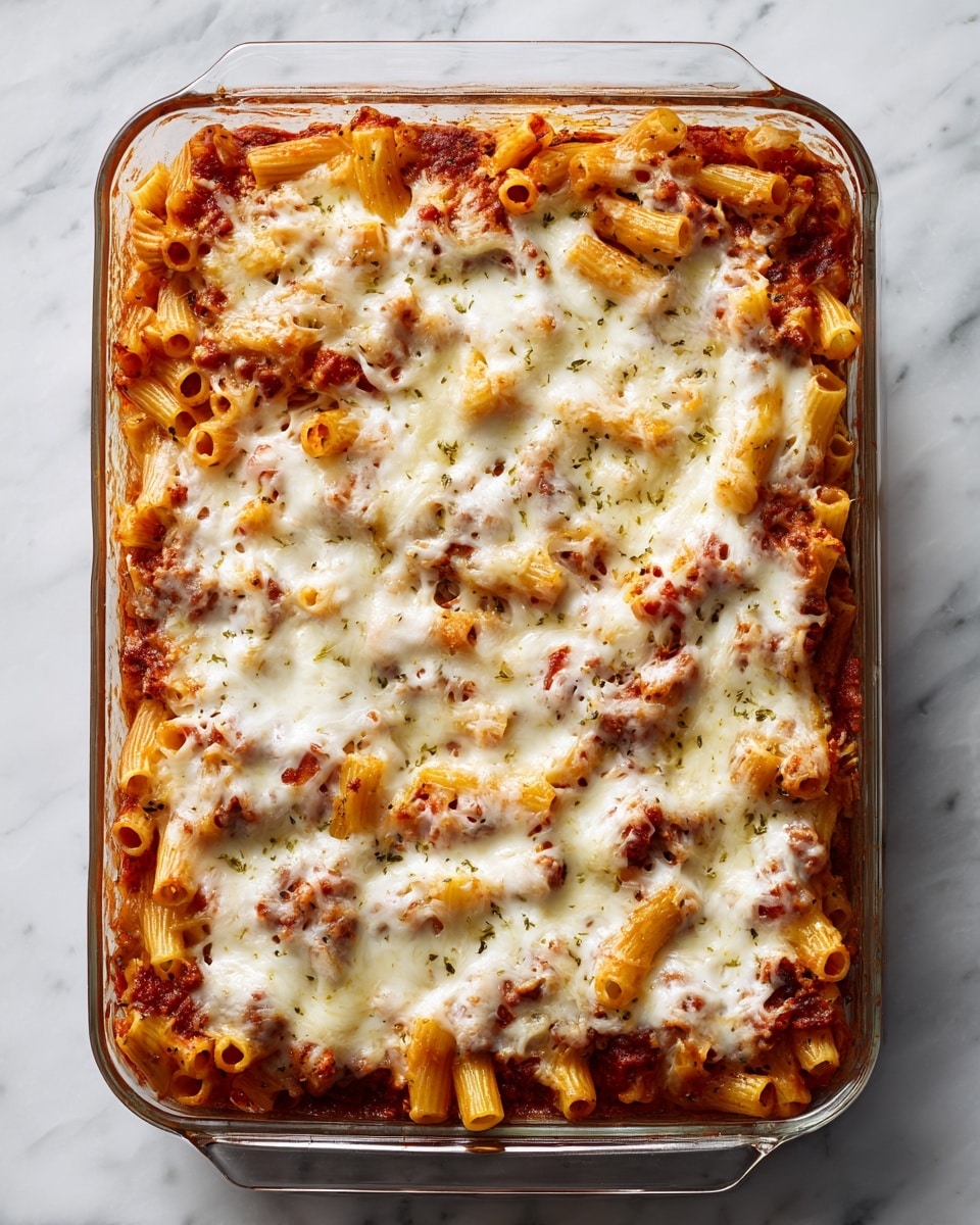 A clear rectangular glass baking dish holds a layered pasta bake on a white marbled surface. The bottom layer is a rich red tomato sauce with visible seasoning, topped with a thick, white creamy layer. Over this, there is a layer of short tube-shaped pasta evenly spread out, covered with melted cheese, which is slightly golden and bubbling, interspersed with bits of tomato sauce and herbs. The dish looks warm and freshly baked with the cheese stretching slightly in places. Photo taken with an iphone --ar 4:5 --v 7
