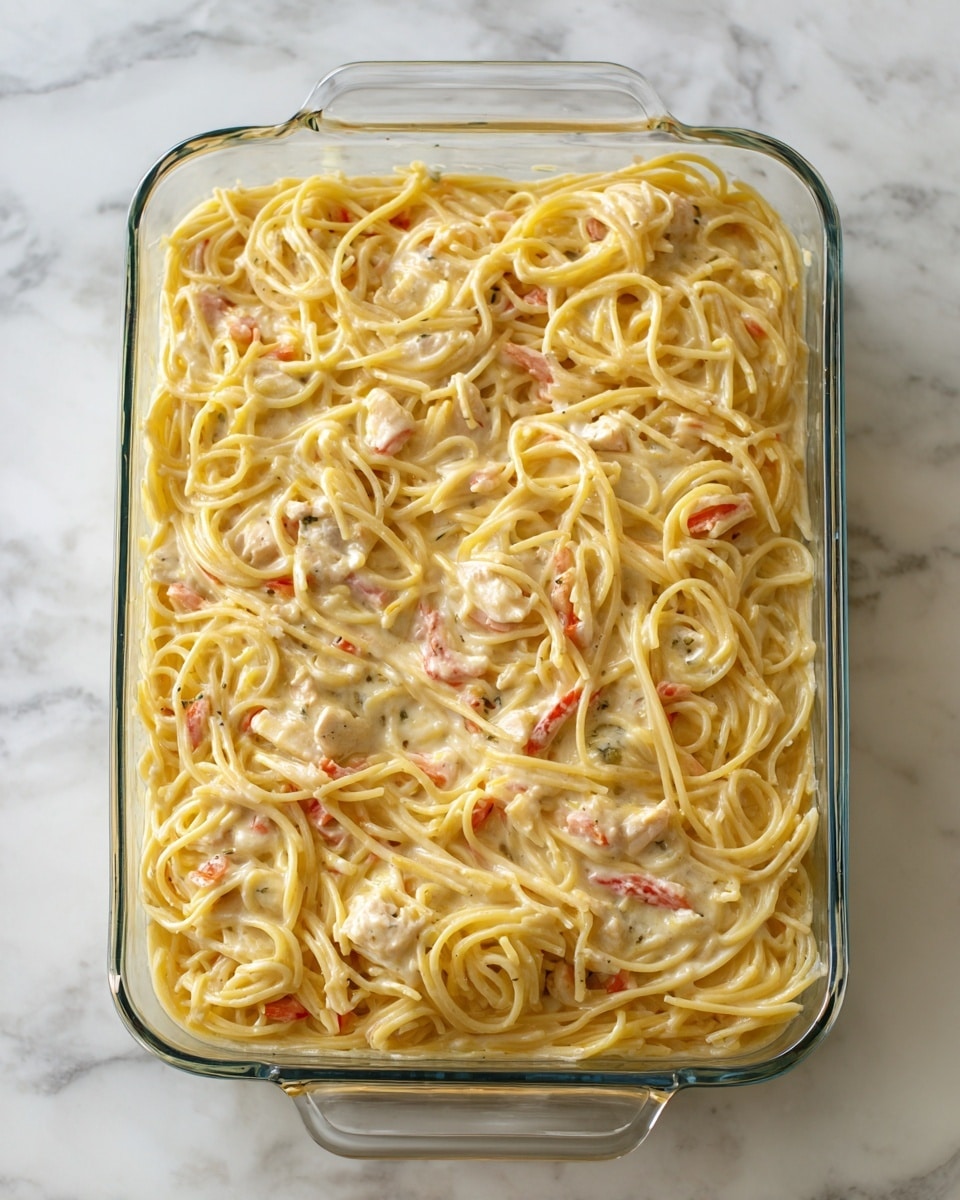 A clear rectangular glass baking dish filled with a creamy spaghetti casserole. The top layer shows light yellow spaghetti mixed with chunks of white meat and small bits of red bell pepper, all covered in a thick, pale yellow creamy sauce. The spaghetti strands are loosely spread, some coiled, and the sauce has a smooth texture with visible small pieces of vegetables and bits of meat throughout. The baking dish has handles on both sides and is placed on a white marbled surface. photo taken with an iphone --ar 4:5 --v 7
