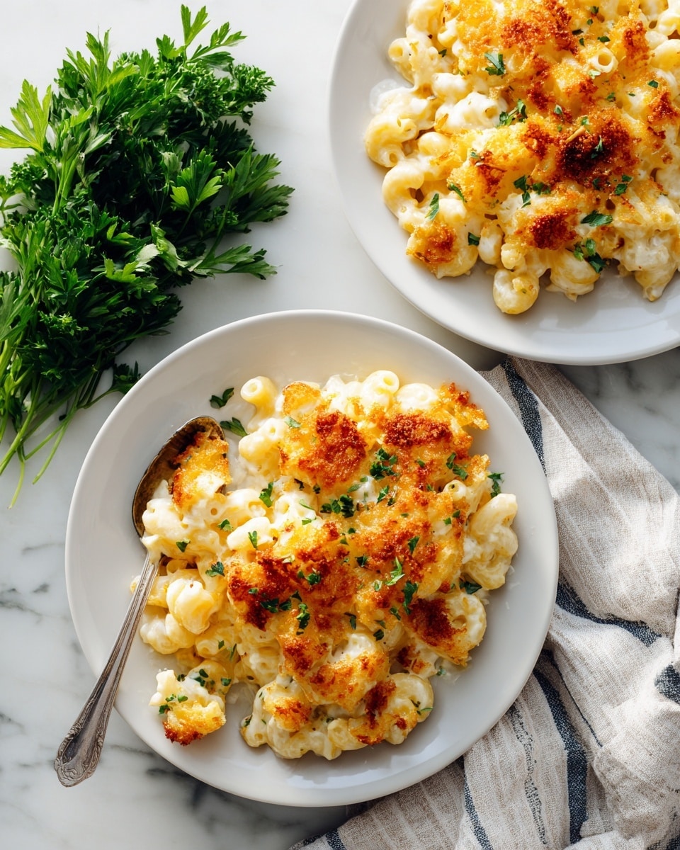 A white ceramic round dish filled with an even layer of golden-brown baked macaroni and cheese with a slightly crispy cheese crust on top. The macaroni beneath is creamy, soft, and pale yellow, showing a smooth texture with small pasta tubes closely packed. A white spoon is scooping a generous portion from the dish, showing more creamy macaroni and cheese inside with melted cheese stretching slightly. The dish rests on a white marbled surface with some green leaves blurred in the background. photo taken with an iphone --ar 4:5 --v 7