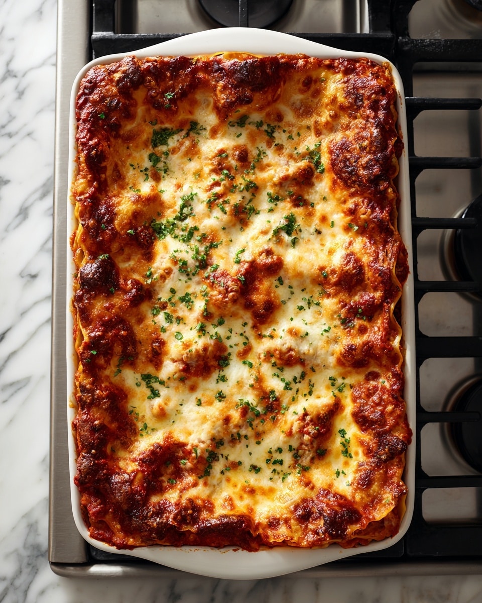 A rectangular white baking dish filled with a freshly baked lasagna showing a thick top layer of melted cheese that is golden brown around the edges and white in the center, sprinkled with small green herb pieces. The sides of the dish show multiple layers of pasta, red tomato sauce, and melted cheese underneath the top, giving a sense of a rich and dense meal. The dish sits on a white marbled surface with black stovetop coils visible around it. photo taken with an iphone --ar 4:5 --v 7