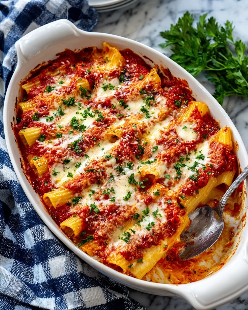 The image shows a white baking dish filled with layered lasagna. The lasagna has at least three visible layers of flat pasta sheets that are light golden-yellow, separated by thick red tomato sauce with small chunks and creamy white melted cheese. On top, there is a generous layer of melted cheese with a slightly browned texture, sprinkled with green chopped herbs like parsley. A metal spatula lifts a slice, showing stretchy melted cheese connecting the slice to the rest. The dish sits on a white marbled surface with a blue and white checkered cloth partially visible on the left side. Photo taken with an iphone --ar 4:5 --v 7