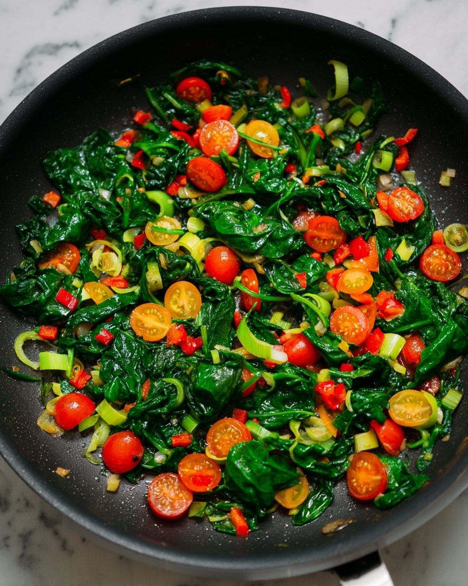 The image shows a black frying pan filled with a mix of cooked vegetables. The ingredients include bright green leafy spinach pieces, small red cherry tomato halves, thin circular slices of yellow-green leek, and tiny chopped red bell pepper squares. The vegetables are spread evenly across the pan’s surface, with a shiny, slightly wet look from being cooked. The pan sits on a surface with a white marbled texture. photo taken with an iphone --ar 4:5 --v 7
