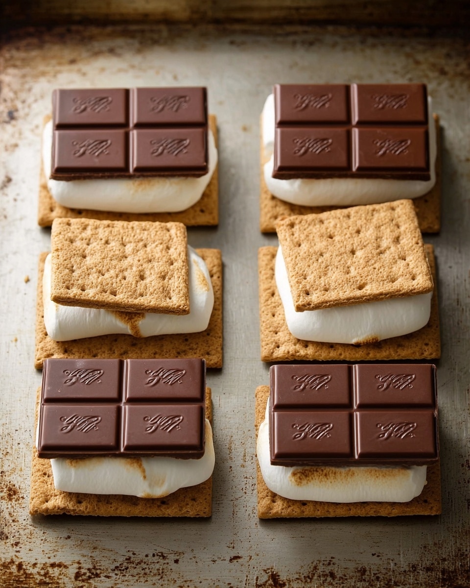 The image shows six s'mores arranged in two rows of three on a metal baking tray. Each s'more has three layers: the bottom is a square golden-brown graham cracker, on top of that sits a large, fluffy white toasted marshmallow with slight browning on the edges, and the top layer is a square piece of chocolate. The chocolate pieces are either dark brown or milk brown, with a clear logo and segmented pattern on the surface. The tray underneath has a textured, worn look, and the lighting highlights the texture of each layer clearly. photo taken with an iphone --ar 4:5 --v 7