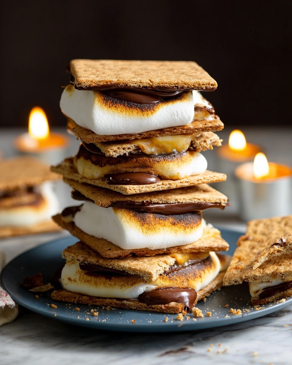 A stack of s'mores arranged on a large white plate, each s'more made of two light brown, textured graham cracker squares with a layer of melted dark brown chocolate and white, toasted marshmallow in between. The marshmallows are soft and slightly browned on the edges, bulging out a little from the crackers. The plate sits on a white marbled surface with two small lit candles in clear glass holders around it, giving a warm light that enhances the cozy atmosphere. A black and white checkered cloth is slightly blurred in the background. photo taken with an iphone --ar 4:5 --v 7