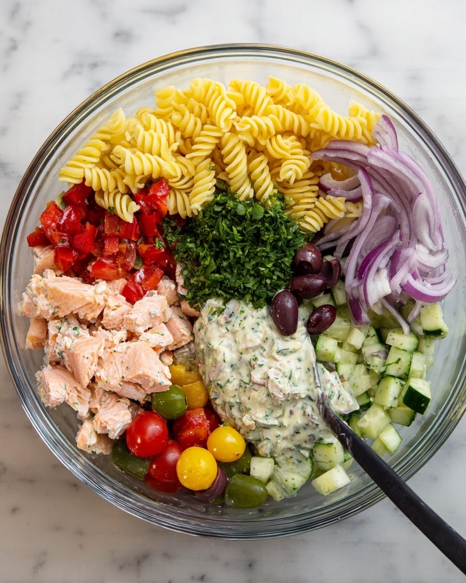 A clear glass bowl contains a colorful layered salad on a white marbled surface. Starting from the top left and moving clockwise, there is a pile of bright yellow spiral pasta, next to roasted red pepper chunks with a slightly charred texture. Beside it are dark brown sliced olives, followed by a mound of finely chopped green herbs. Adjacent to the herbs are thin slices of purple onion, with halved red, yellow, and green cherry tomatoes spread below. At the bottom, there are fresh, light green cucumber pieces with a creamy white herb dressing with visible specks covering part of the tomatoes and some cucumber. To the left of the cucumber, light pink chunks of cooked salmon rest next to the pasta section. A black serving spoon is partially submerged in the salad, positioned on the right side of the bowl. Photo taken with an iphone --ar 4:5 --v 7