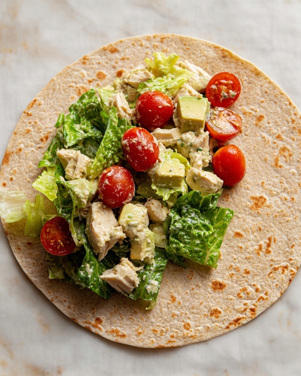 The image shows one round whole wheat tortilla placed flat on white paper over a white marbled surface. On the right side of the tortilla, there is a loose pile of fresh salad filling with three layers: the bottom layer has bright green Romaine lettuce leaves with a crisp texture; above it, there are creamy light beige pieces of cooked chicken mixed with small cubes of pale yellow avocado; the top layer contains several halved cherry tomatoes that are glossy and bright red, all coated lightly with a creamy dressing. The colors contrast nicely with the warm brown and slightly toasted spots on the tortilla surface. photo taken with an iphone --ar 4:5 --v 7