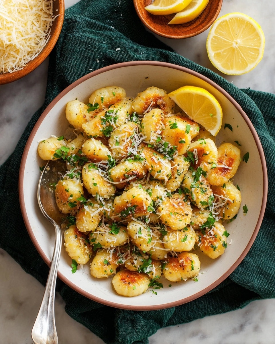 A round white bowl filled with a single layer of golden-brown gnocchi, each piece showing a slight crispy texture on the surface. The gnocchi are sprinkled with finely chopped fresh green herbs and white shredded cheese. A lemon wedge sits at the side inside the bowl, adding a pop of bright yellow. A silver spoon rests on the left inside edge of the bowl. The bowl sits on a dark green cloth on top of a white marbled surface. Nearby, there are lemon wedges and a wooden bowl filled with shredded cheese, adding a warm contrast to the scene. Photo taken with an iphone --ar 4:5 --v 7