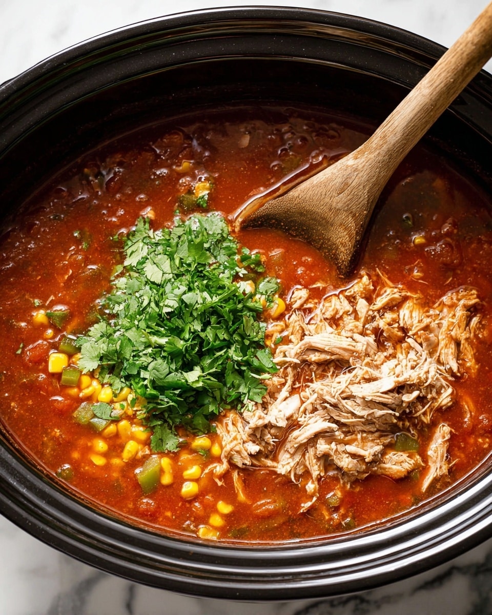 The image shows a black slow cooker filled with a rich, red tomato-based soup. Inside the soup, there are bits of yellow corn, green peppers, and other small vegetable pieces adding texture and color. On the right side, there is a pile of tender, shredded cooked chicken with a light brown and white color. On the left, a heap of bright green chopped fresh cilantro rests on the soup. A wooden spoon is dipped into the soup near the top center of the pot. The cooker is placed on a white marbled surface. Photo taken with an iphone --ar 4:5 --v 7